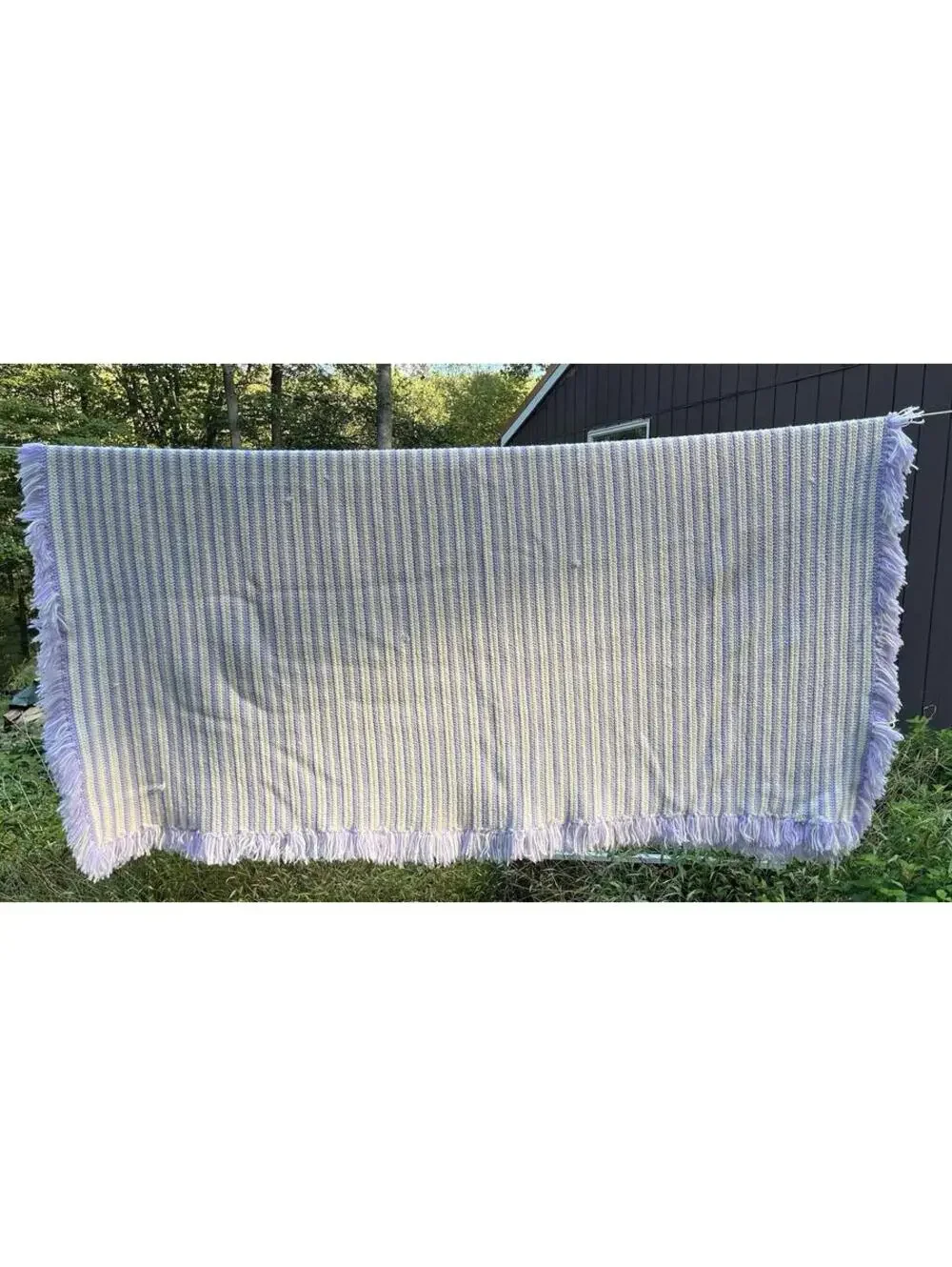 72x80” White Pastel Purple Striped Fringe Crocheted Handmade Afghan
